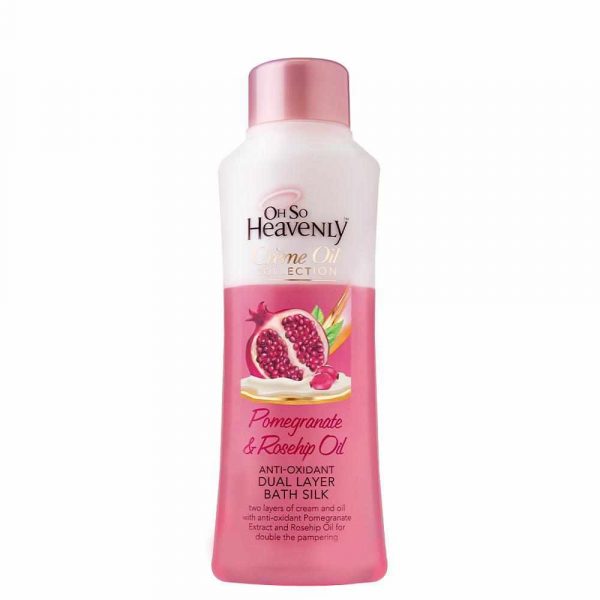 Oh So Heavenly Bath Silk Pomegranate & Rosehip Oil 750ml: Pamper and care for skin as you soak in a warm bath filled with this luxurious bath silk blend of indulgent cream and moisturising oil. The pink base layer is infused with anti-oxidant rich Pomegranate Extract while the rich and creamy top layer contains soothing Rosehip Oil to care for skin. Steal a moment to relax and unwind as you allow this indulgent treat to coat skin in a luxurious ribbon of moisture to help leave skin feeling silky soft and delicately scented. Enjoy luxury from head to toe and leave skin with a radiant glow! Made in South Africa Beauty Without Cruelty Vegan