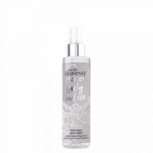 Oh So Heavenly Spritzer Lovely in Lace Mist 150ml: Description: Oh So Heavenly Mood Enhancing Fine Fragrance Body Mist 150 ml Detailed Description: Feel beautifully feminine with this sophisticated floral scent. The captivating fine fragrance, with an enchanting, aromatic blend of fresh jasmine, delicate apple blossoms and luminous rose will leave you feeling perfectly elegant and chic. Infused with a subtle touch of citrus essential oil to bring delicate freshness and grace to your everyday life.Be lovely in lace!Tip to keep classically elegant: keep things simple. Less is more.Please recycle, remove label & pump.