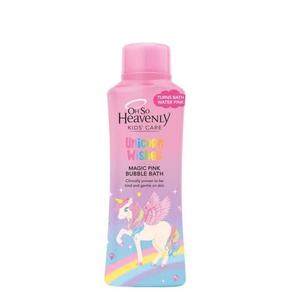 Oh So Heavenly Kid's Care Bubble Bath Unicorn Whishes 750ml: “Down in the valley under rainbow skies, lies a pond full of surprise! Here Harper the Unicorn and her friends love to play, in the magical pink water they splash and spray! In just a blink the clear water changes to pink! They giggle with delight and blow bubbles so light! Watch your little one’s delight as this bubble bath turns the water pink. Kind and gentle on skin, with a yummy strawberry scent, bath time is sure to be lots of fruity, bubbly fun!”