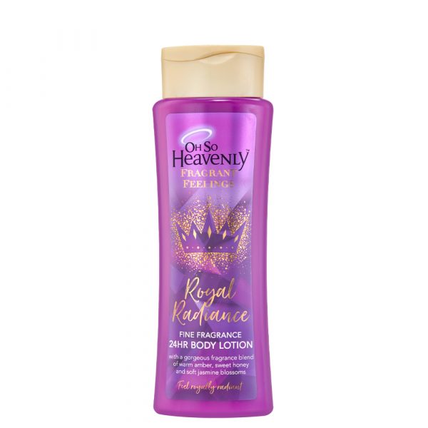 Oh So Heavenly Body Lotion Royal Radiance 375ml: Feel like a queen with this stylish and sophisticated scent. The captivating fine fragrance blend will awaken your inner royalty as you indulge your skin with this luxurious 24 hour moisturising body lotion. Feel Royally Radiant! Give yourself the royal treatment by layering your fragrance with the Royal Radiance Body Wash, Eau de Toilette and Hand Cream. Scent from Heaven: A captivating fine fragrance blend of soft jasmine blossoms, deep notes of amber and a subtle touch of sweet honey.